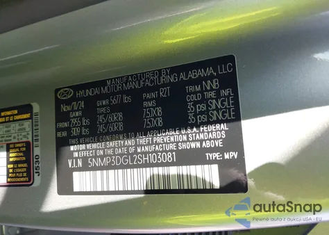 2025 Hyundai Santa Fe Xrt z USA, uszkodzony, nr VIN 5NMP3DGL2SH103081